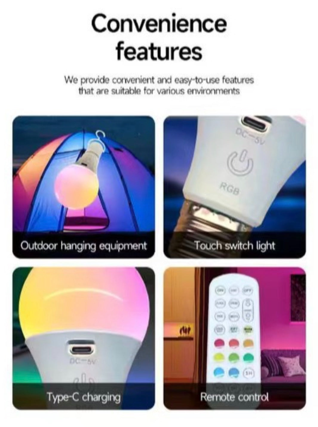 E27 RGB LED Rechargeable Bulb with Remote Control